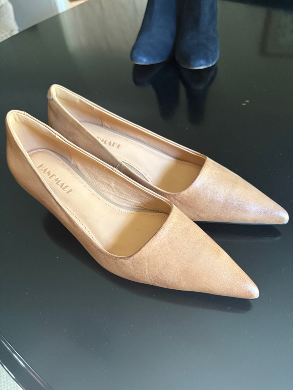 Handmade Women's Pointed Toe Leather Flats in Tan